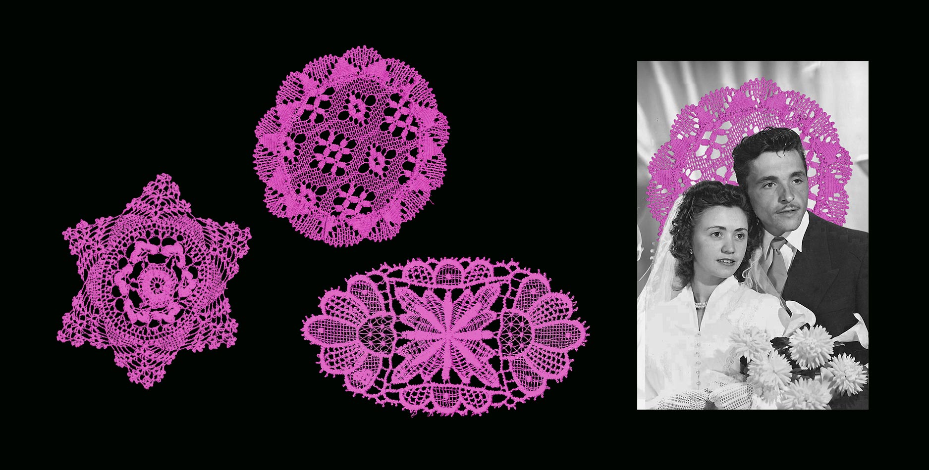 photo sur fond noir en noir et blanc et trois broderies rose