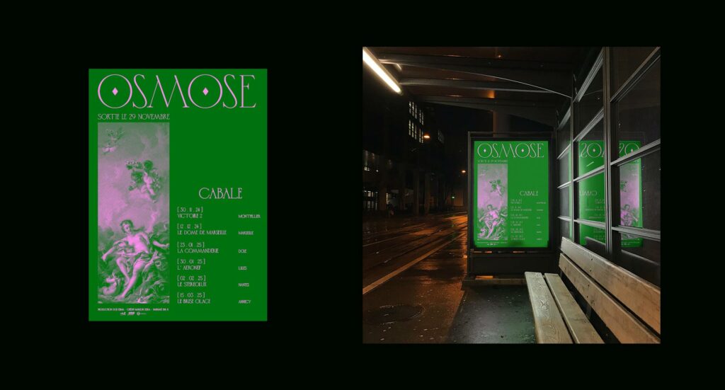 mock up d'affiche de tournée en vert et rose sur un fond noir