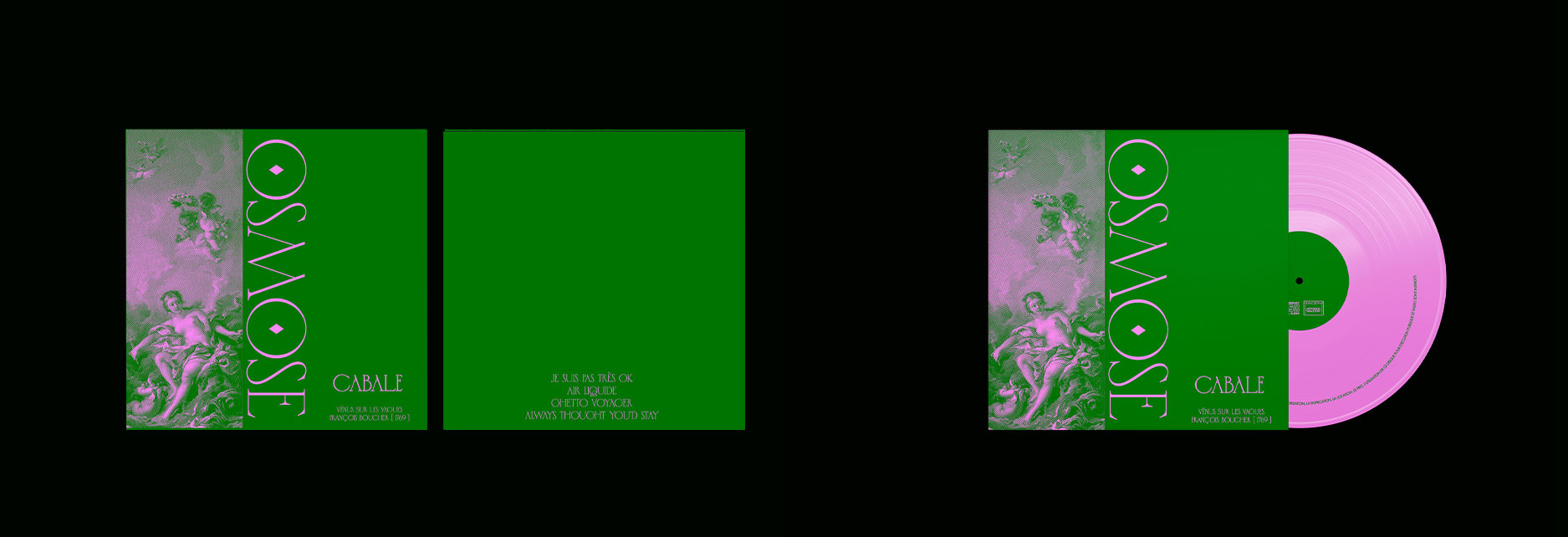 pochette de vinyle, rose et vert sur un fond noir