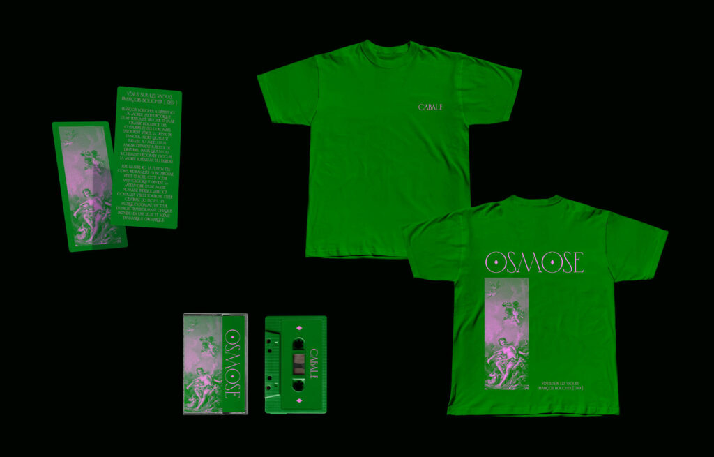 tee shirt, casette, feuille rose et vert sur un fond noir