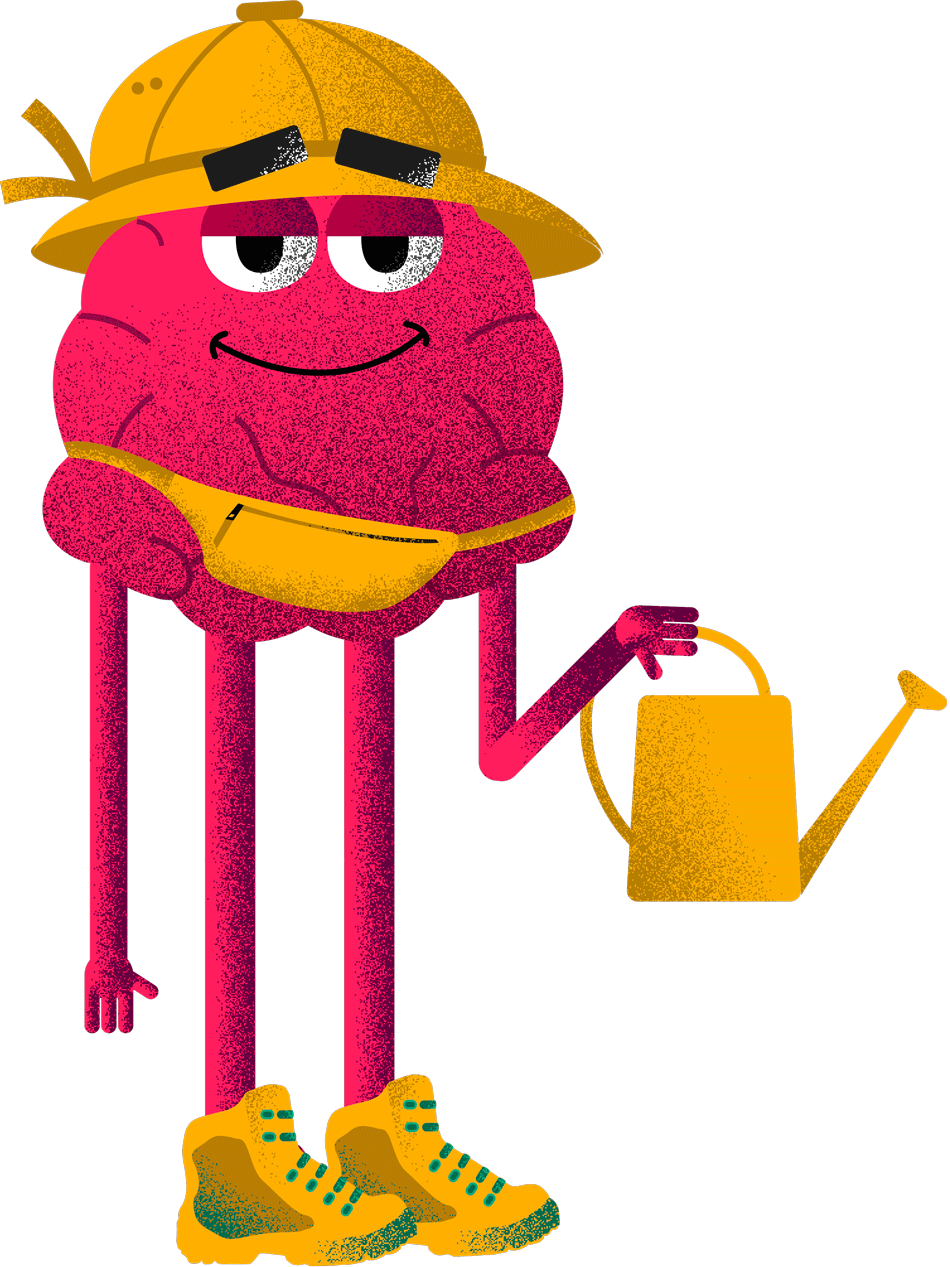 personnage cerveau avec un chapeau, une sacoche et des chaussures, qui tient un arrosoir