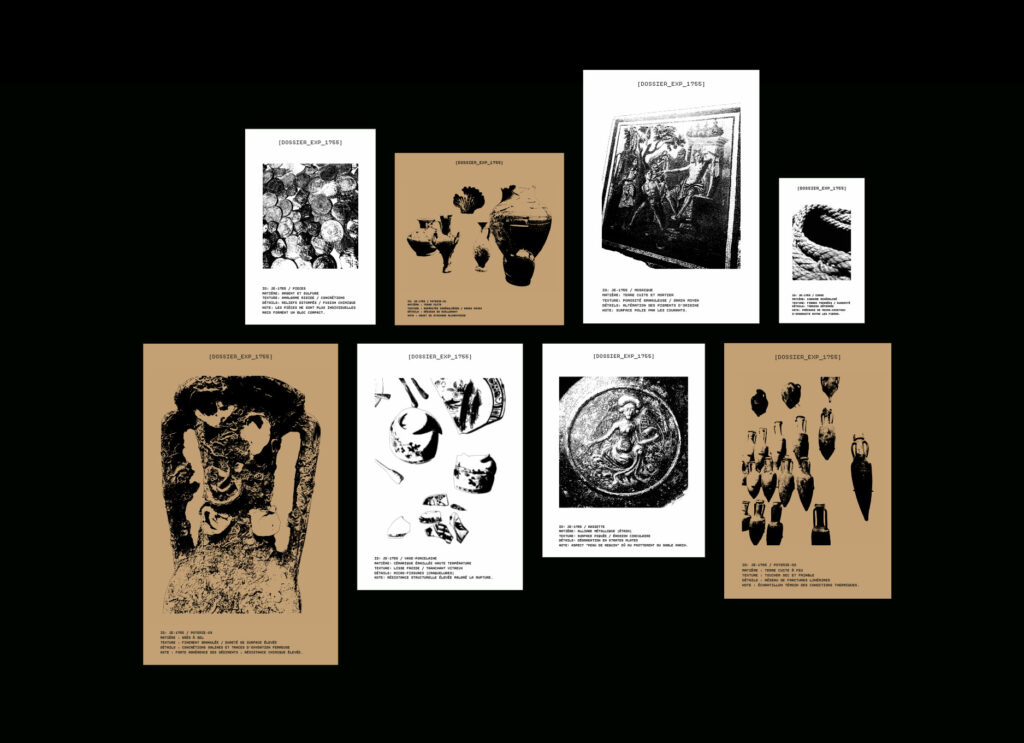 feuilles blanches et brunes avec des images et du texte noir sur un fond noir