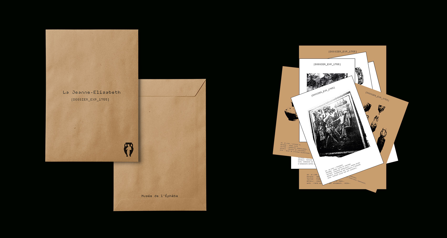 fond noir avec une enveloppe kraft et un tas de feuilles empilées à côté