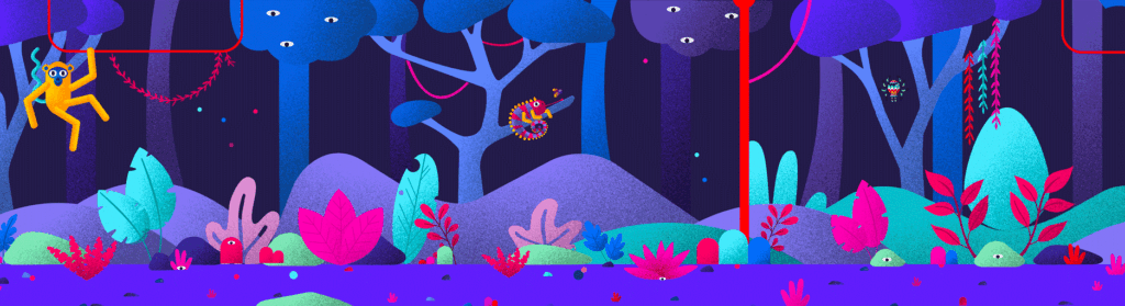 jungle violette avec des plantes, des rochers, des animaux, des yeux