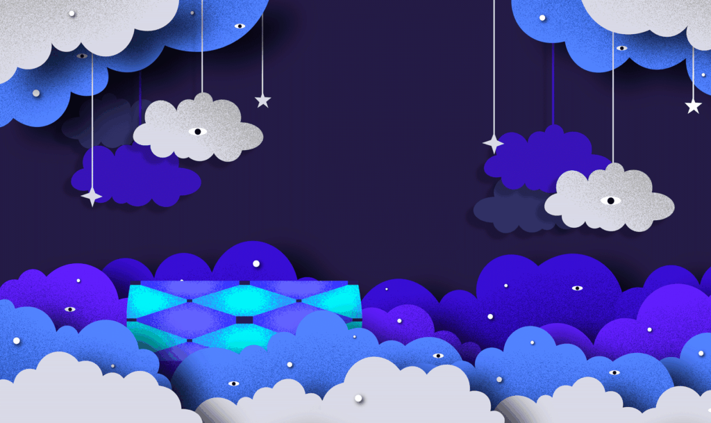 scene de l'immeuble bleu et violet dans une scene de nuage, nuages bleus et blancs